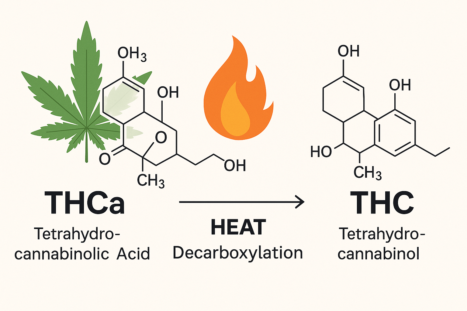 THCa to THC Conversion Diagram: THCa molecule in raw cannabis, heat icon, transforming to THC molecule, labeled Decarboxylation